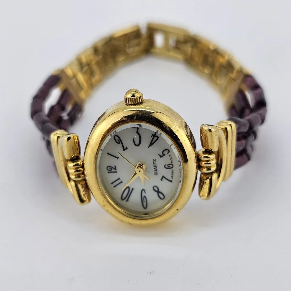 Women's Analog Watch‎ 25MM Light Yellow Dial Gold Purple Bands 6.75